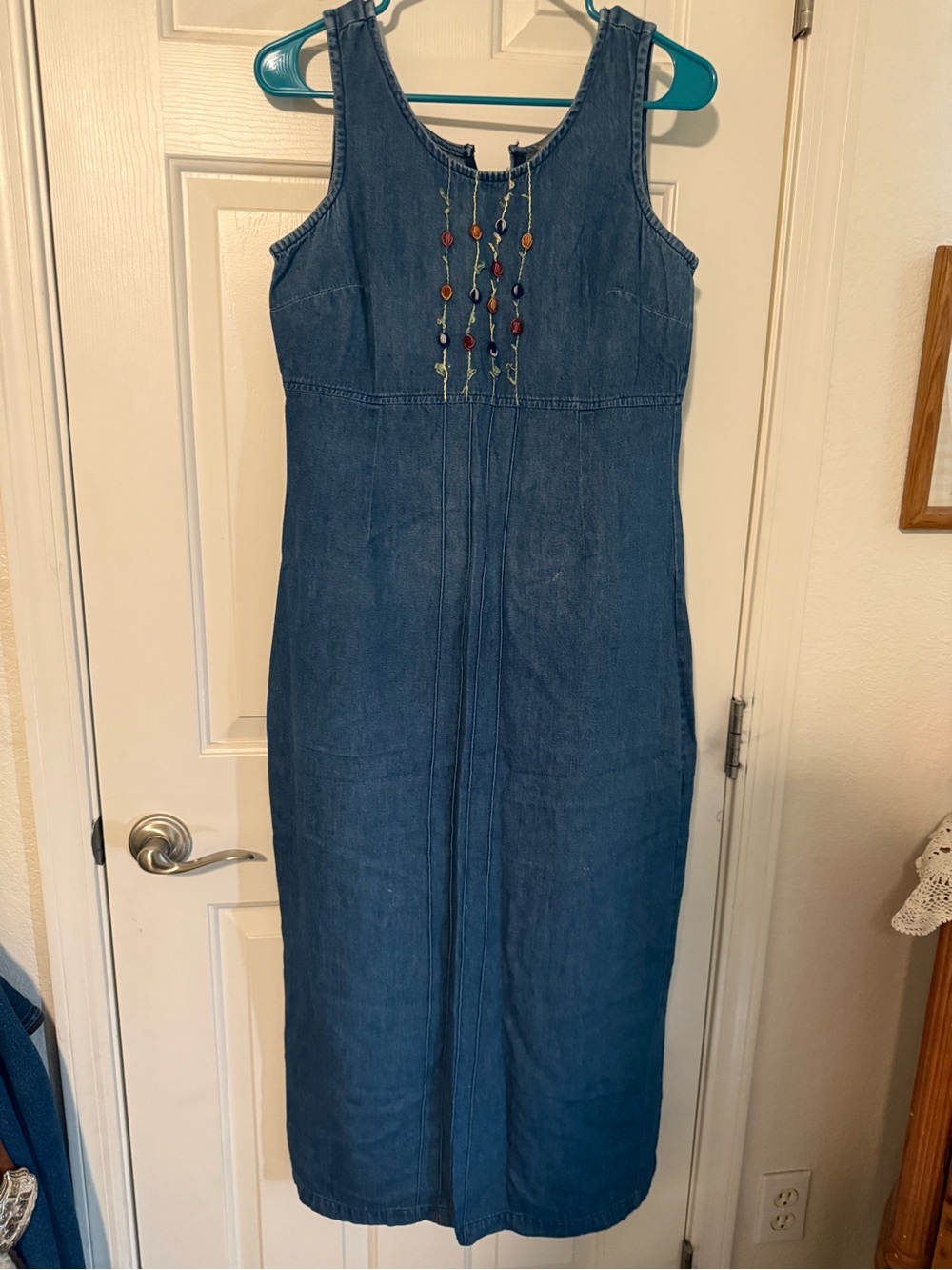 Sleeveless Denim Midi Dress with Beaded Front Detail